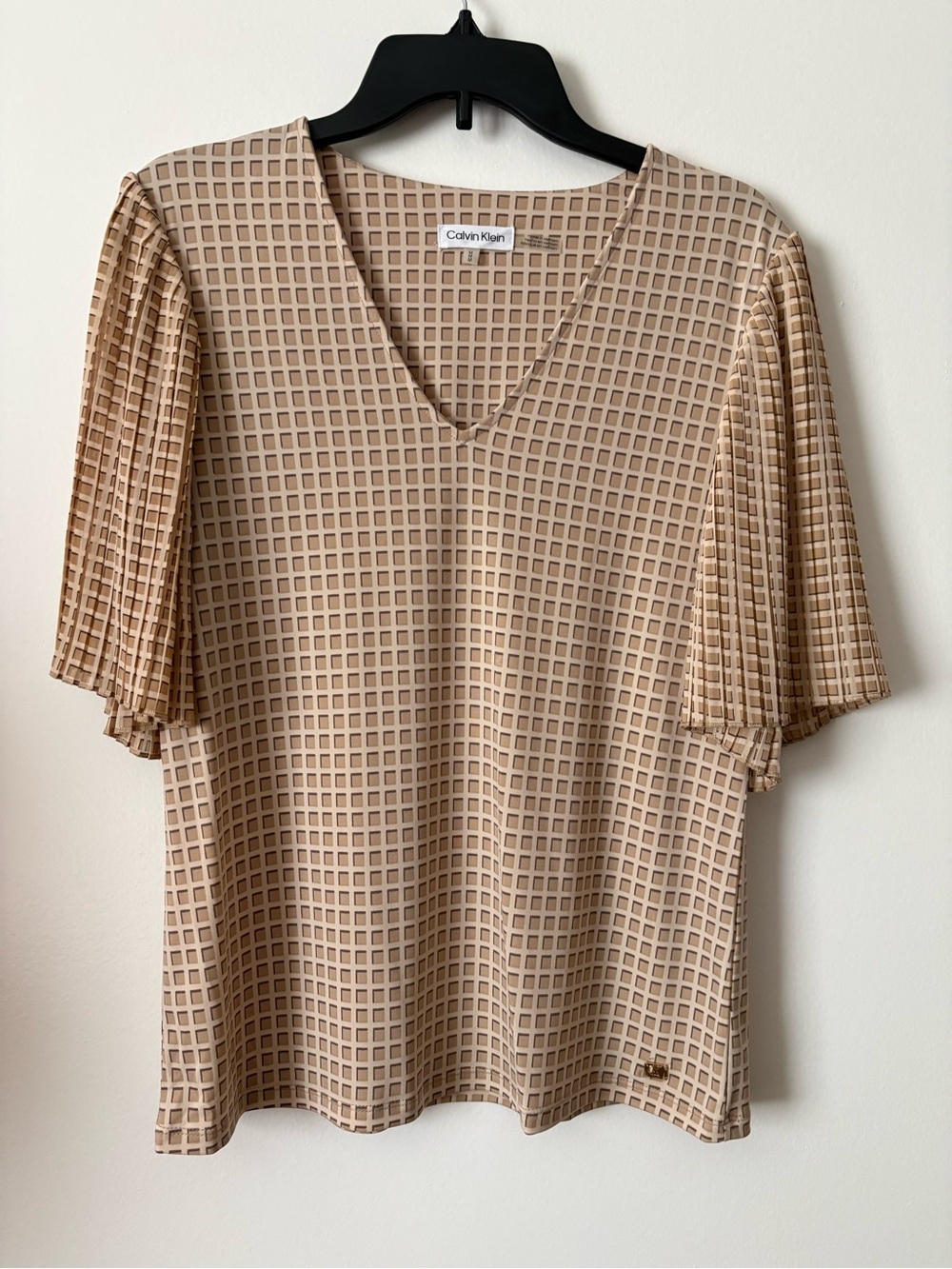 Calvin Klein Beige Grid V-Neck Short Sleeve Top